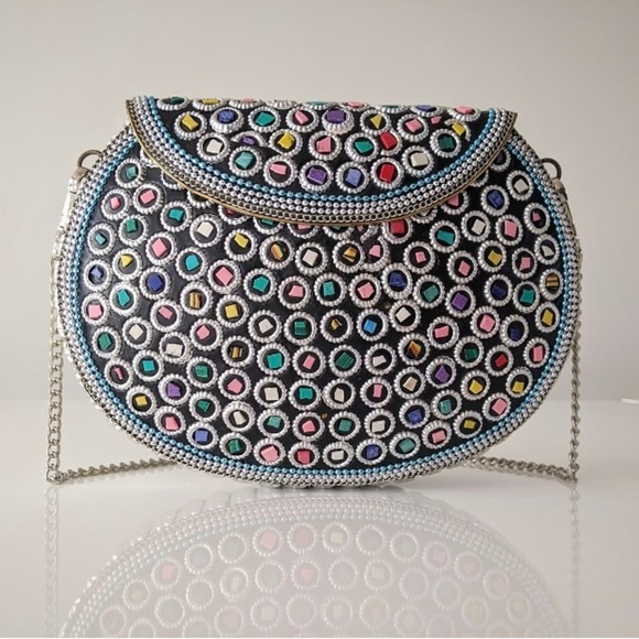 Ramla Handbags - NEW Never Used Ramla Handmade Silver with Multi Colored Mosaic Beaded Clutch